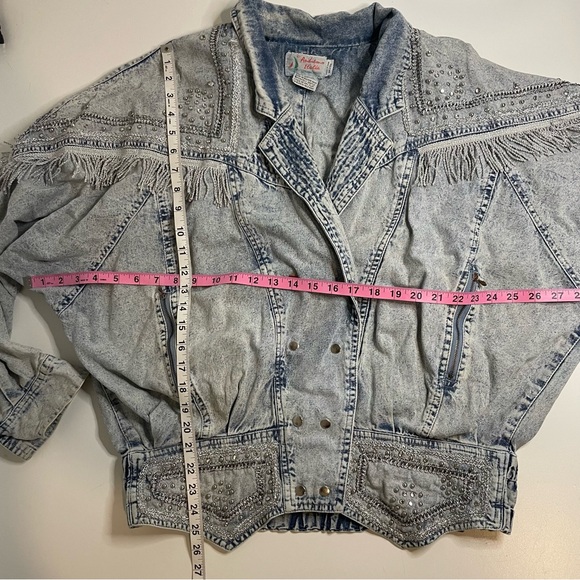 Y2K McBling Cowgirl Rhinestone Fringe 80s Western Studded Denim Jacket sz M L - Picture 8 of 9